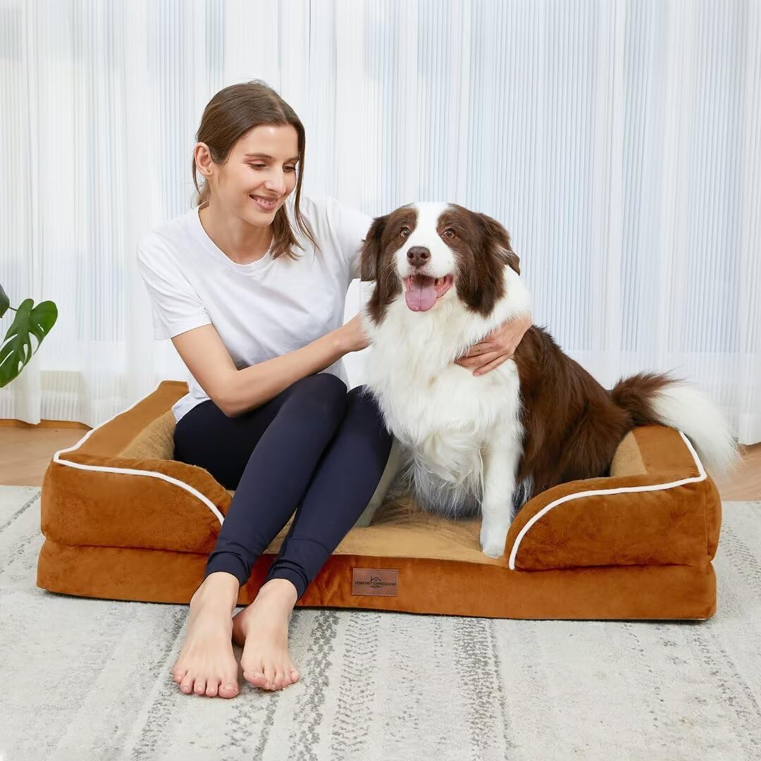 Comfort Expression Xl Dog Beds, Waterproof Dog Bed With Bolster, Extra Large Dog Beds Orthopedic, Washable Dog Bed Sofa Pet Bed With Removable Cover & Non-Slip Bottom(X-Large,Caramel)