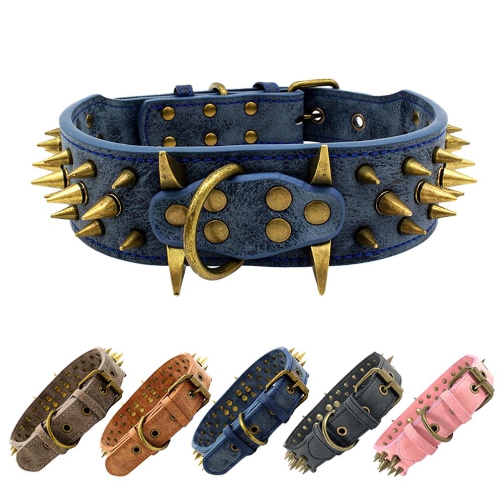 The Mighty Large Spiked Studded Dog Collar - Protect Your Dog'S Neck From Bites, Durable & Stylish, For Large Dogs (Blue S)