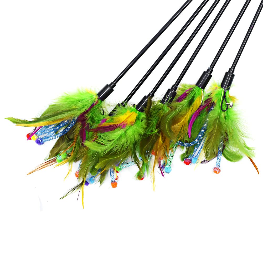 IUHKBH Cat Feather Wands - 6 PCS Interactive Teaser Wand with Colorful Feathers & Bell for Cats and Kittens