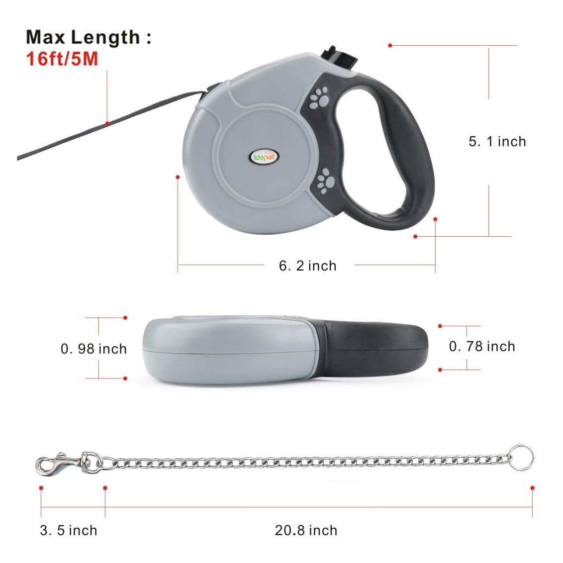 Idepet Heavy Duty Retractable Dog Leash For Small And Medium Dogs, Anti-Chewing Steel Chain 360 Degree Tangle-Free,Break And Lock System,16Ft Leash For Dog Walking (Flat Rope)