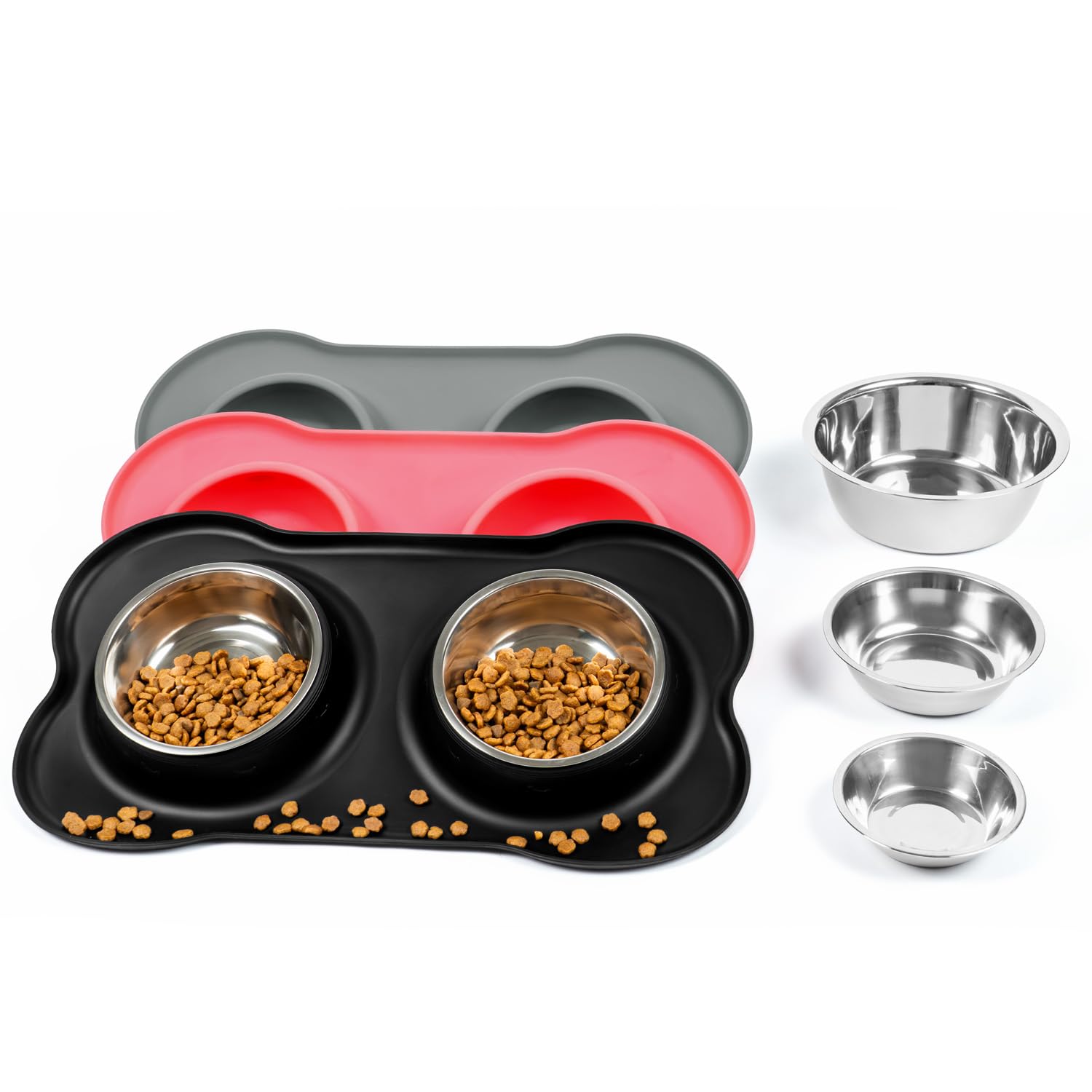 Conlun Dog Bowls with Silicone Feeding Mat, No Spill Food Water Dish Set, Dishwasher Safe, 2 Stainless Steel Puppy Bowls, Suitab