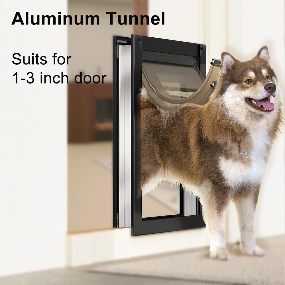 [Mavricpower] Aluminum Dog Door With 2 Magnetic Flaps, Large Dog Door For Exterior Doors, Doggie Door With 2 Sliding Lock Panels