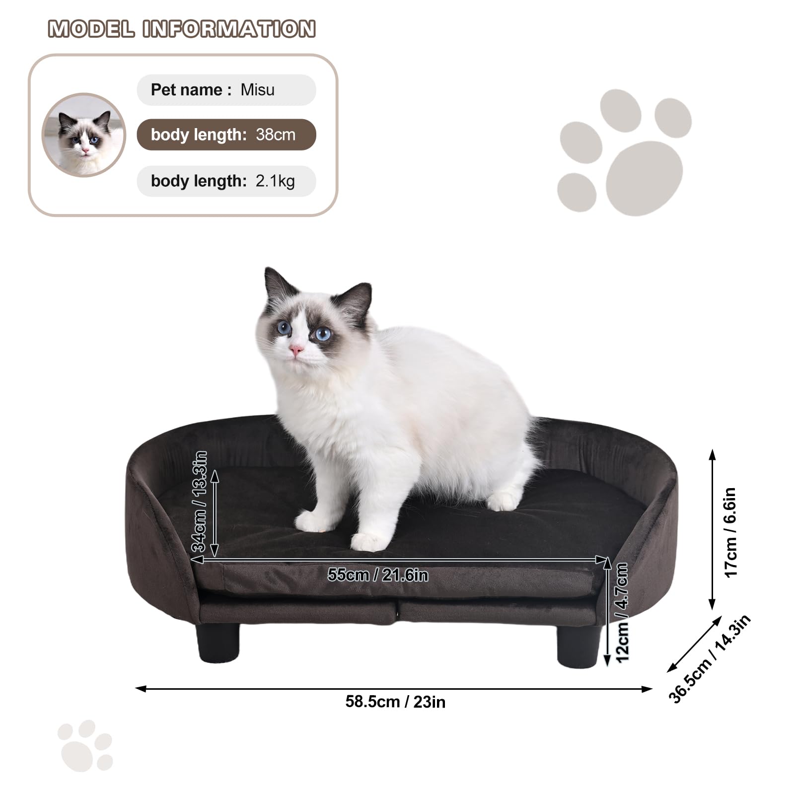 Cat Sofa Bed, Velvet Pet Couch Chair With Removeable & Washable Cushion For Small Dogs Cats (Brown)