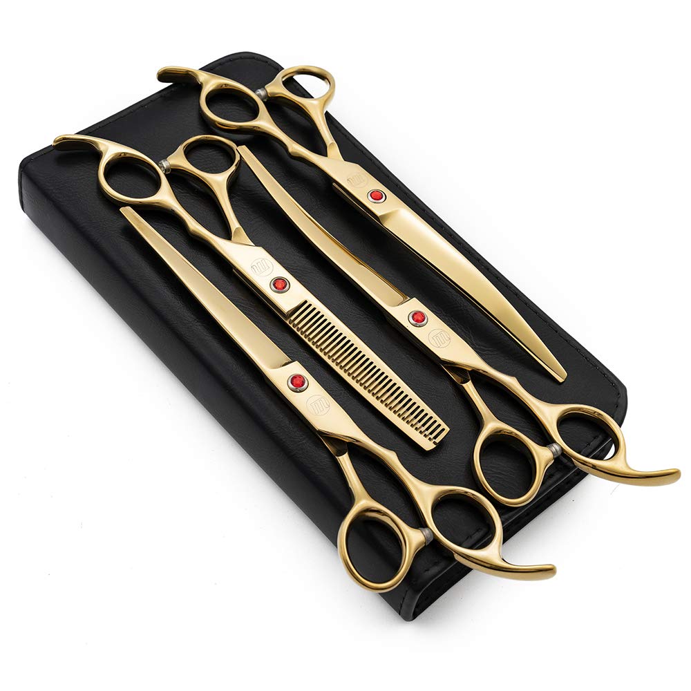 Moontay Professional 7.0' Dog Grooming Scissors Set, 4-Pieces Straight, Upward Curved, Downward Curved, Thinning/Blending Shears For Dog, Cat And Pets, Jp Stainless Steel, Gold