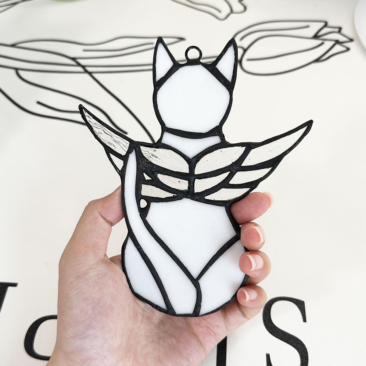 Fluffycaptain Handcrafted Stained Glass Cat Suncatcher -White Angel Cat With Colorful Wings, Memorial Gift For Pet Lovers, Home