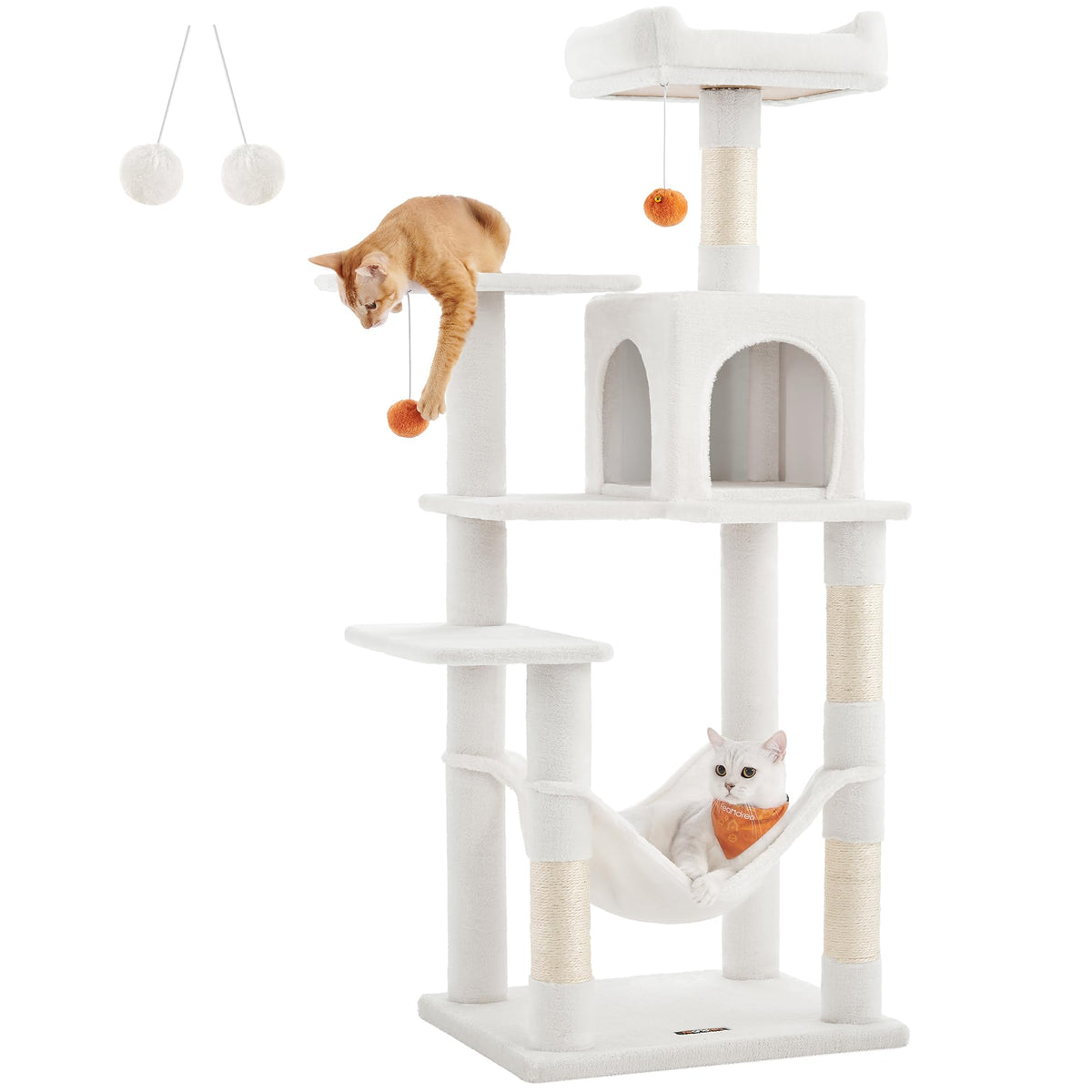 Feandrea Cat Tree, 56.3-Inch Cat Tower For Indoor Cats, Multi-Level Cat Condo With 4 Scratching Posts, 2 Perches, Hammock, Cave, Cream White Upct161T01