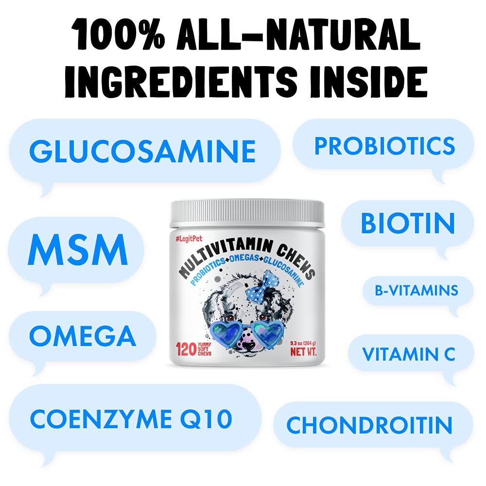 Dog Vitamins - 120 Multivitamins Chews w/Glucosamine Chondroitin, Probiotics Digestive Enzymes and Omegas - Supplement for Overa