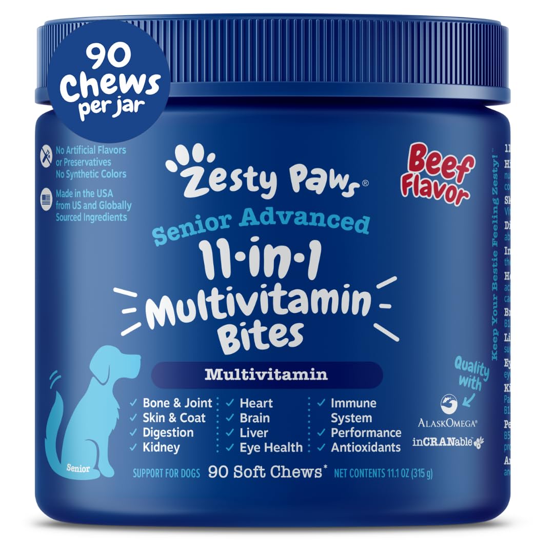 Zesty Paws Senior Dog Multivitamin Treats - Glucosamine For Dogs + Digestive Enzymes & Probiotics - Grain Free Dog Vitamins For Skin & Coat + Immune Health - Beef - Advanced - 90Ct