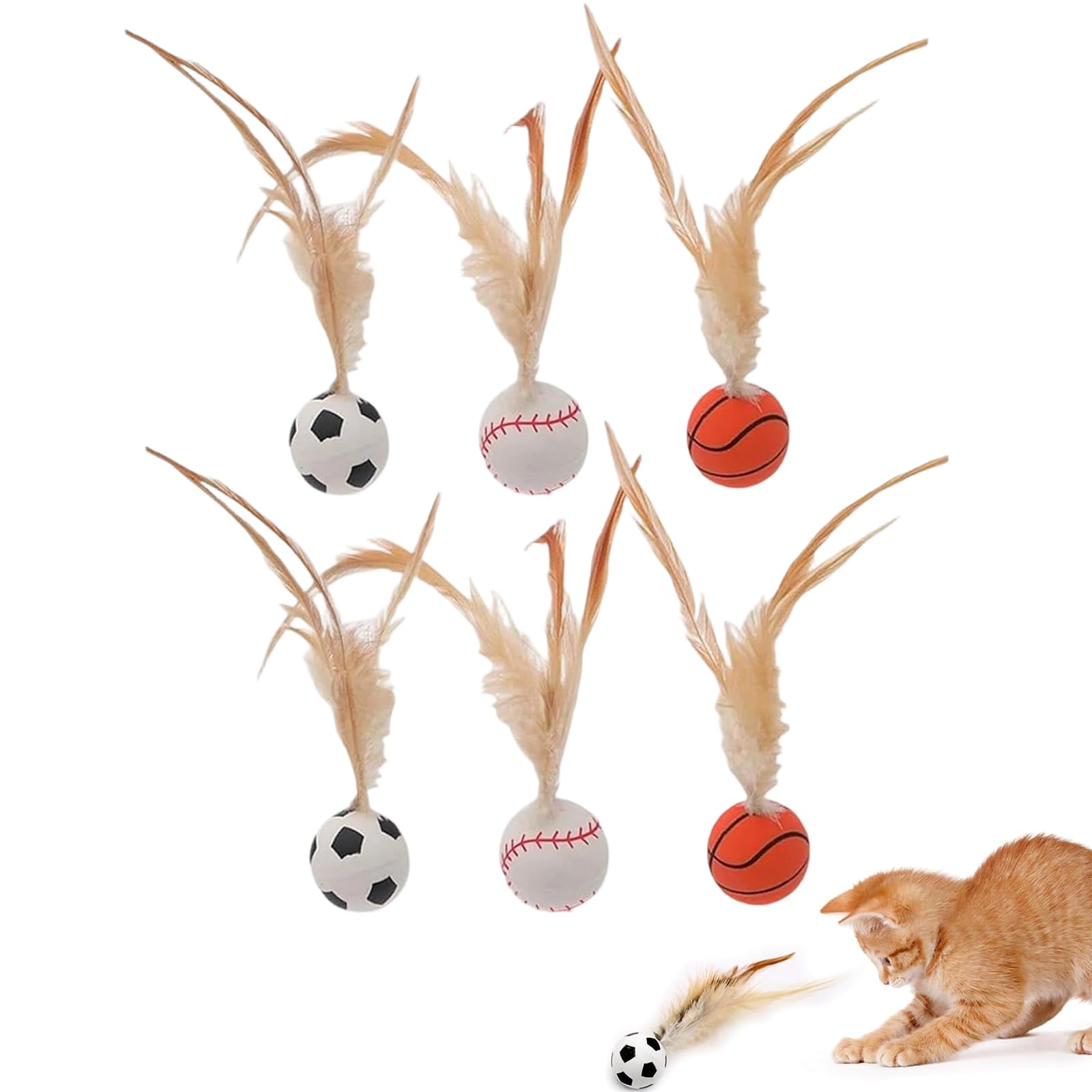 Plexaris Cat Ball, 6PCS Bouncy Ball with Feather for Indoor Cats, Interactive Kitten Toys for Kitten, Small Dog Toy Balls, Pet T