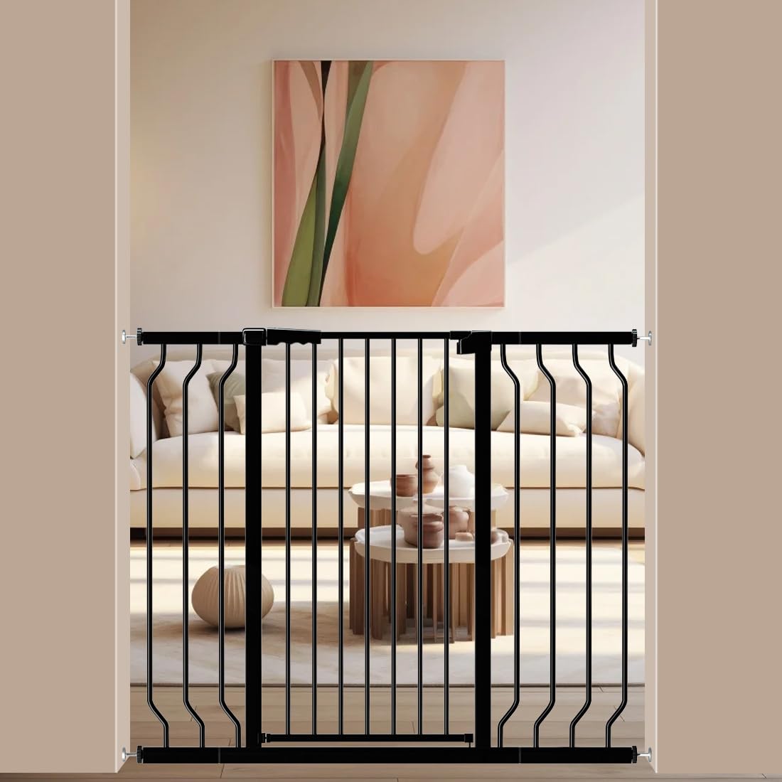 WAOWAO Extra Tall 40.55'' Baby Gate 29.92-46.85'' Wide Pressure Mounted Walk Through Swing Auto Close Safety Black Metal Toddler