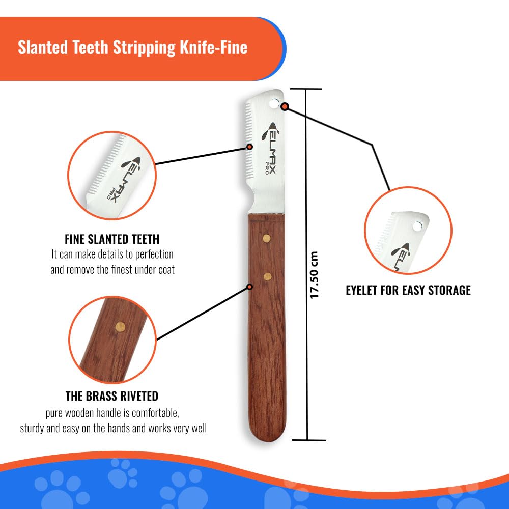 Elmax Pro Professional Slant Tooth Stripping Knife For Dogs (Pack Of 4) Stainless Steel Blades & Rosewood Handle, Efficient Unde