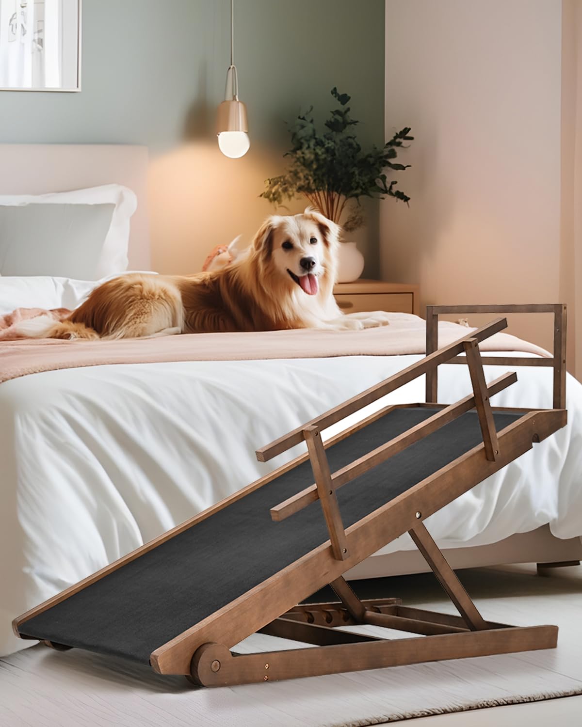 Dog Ramp For Bed, Adjustable Pet Ramp For Dogs To Get On Bed, Folding Dog Bed Ramp For Small/Medium/Large Dog/Cat, Wood Furnitur