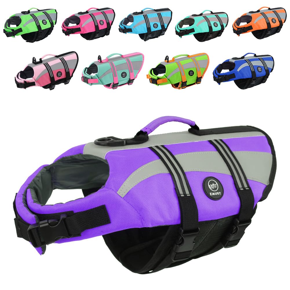 Emust Dog Life Vests, High Visibility Water Vests For Dogs, Medium Safety Swimsuit For Swimming Boating Water, Purple, M
