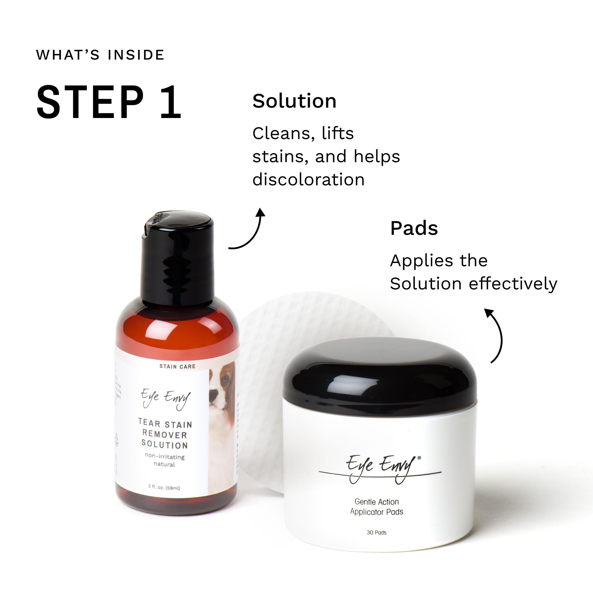 Eye Envy Dog Tear Stain Remover Starter Kit. 100% Natural, Safe. Contains: Stain Solution, Applicator Pads, and Stain Powder. Te