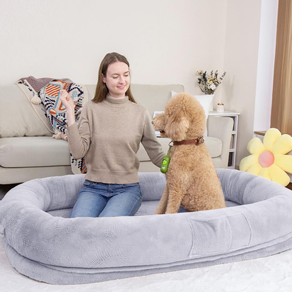 Human Dog Bed 63   X36.6   X11    Large Dog Bed With Raised Cushioned Rim, Removable Cover, Waterproof Lining And Bonus Blanket;