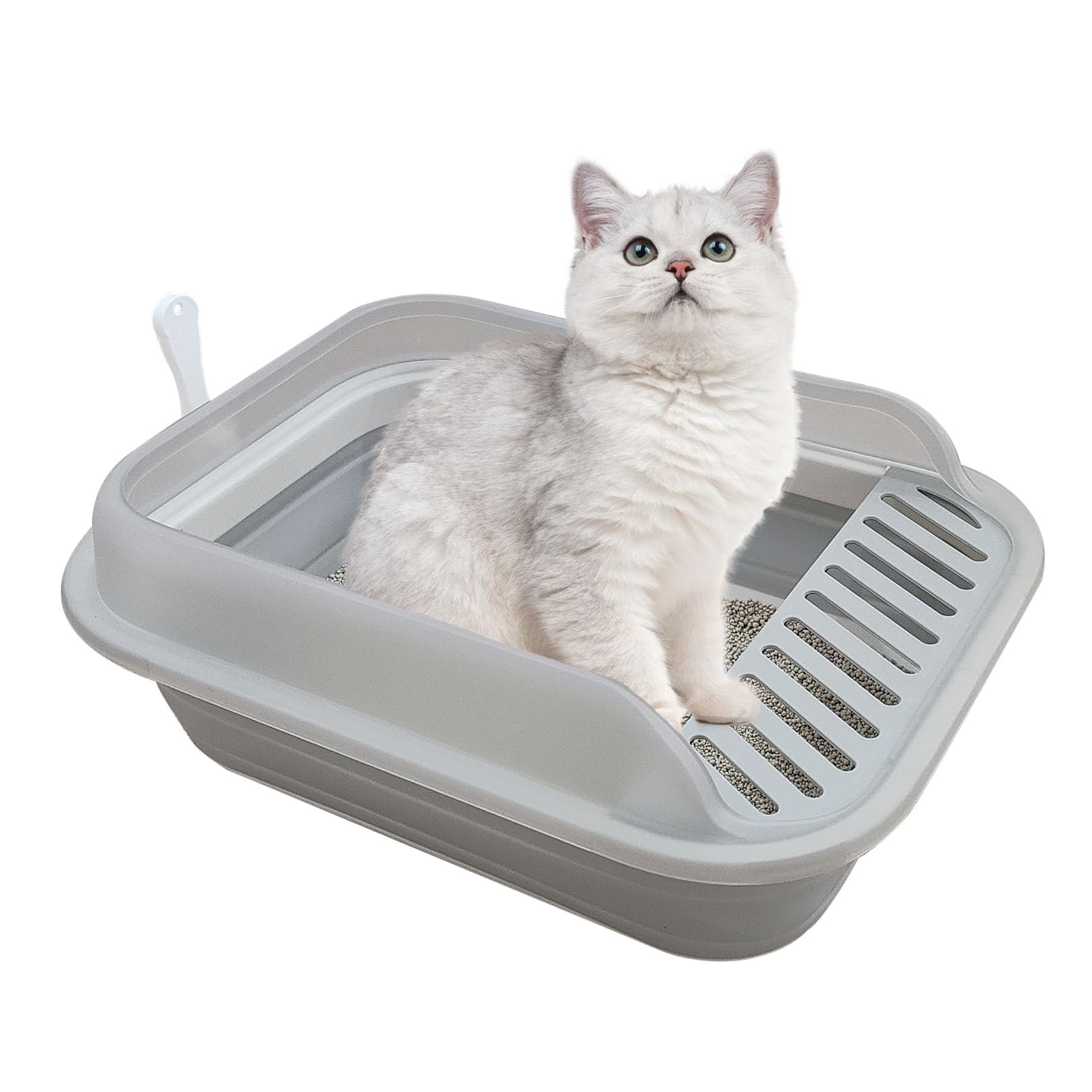 Collapsible Kitten Litter Box, Open High Sided Cat Potty Pan With Scoop Shallow Cat Toilet Anti-Splashing Low Entrance Travel Li