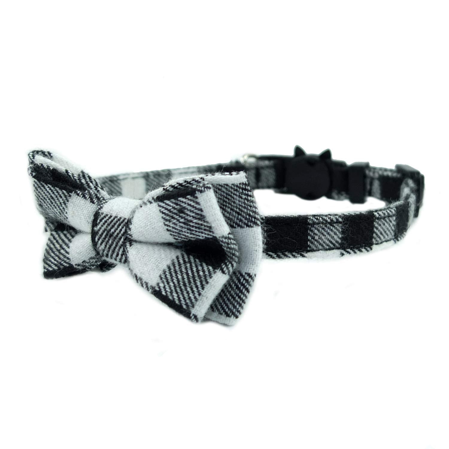 Cat Collars Breakaway With Bell And Bow Tie, Plaid Design Adjustable Safety Kitty Kitten Collar(6.8-10.8In) (Black Plaid)