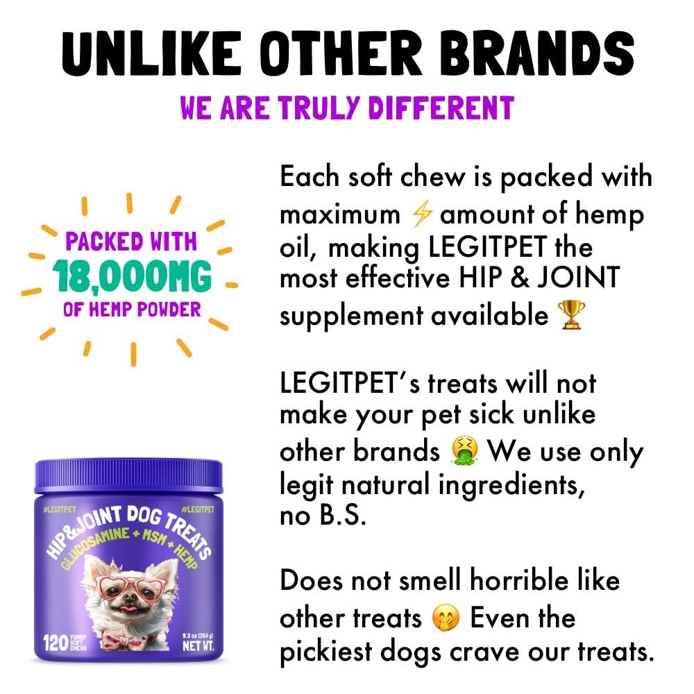LEGITPET Hemp Hip & Joint Supplement for Dogs - 120 Soft Chews - Glucosamine, Chondroitin, MSM, Turmeric - Natural Pain Relief