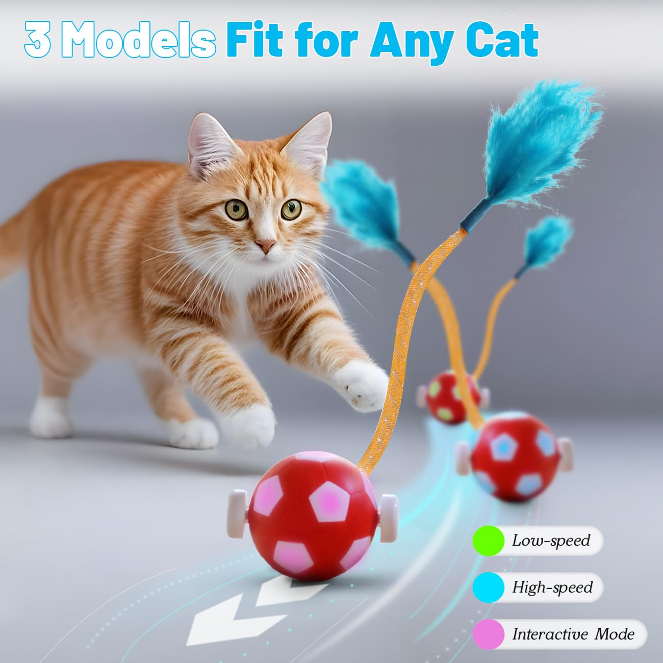Oosofitt Interactive Cat Toys With Feather Snappy Tail For Bored Indoor Adults Cats, Safe Rolling Toys Ball With 3 Models, Autom