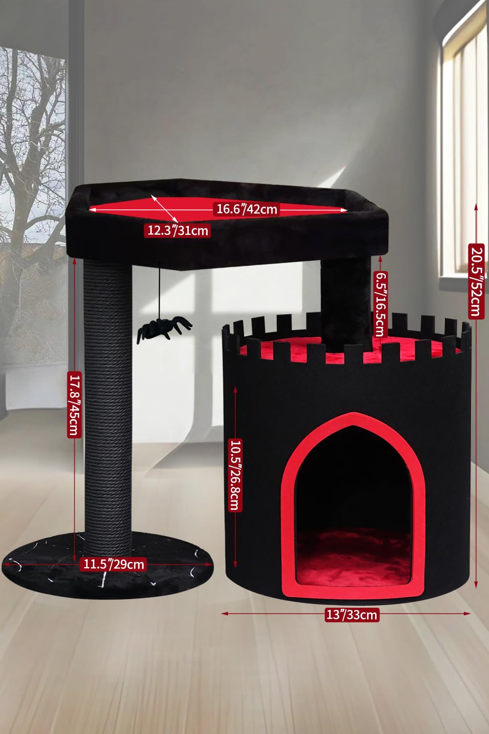 Yaruomy Gothic Cat Tree Castle, Black Cat Tower With Coffin Cat Bed, Spacious Cat Condo For Halloween Cat, Kraft Twine Scratchin