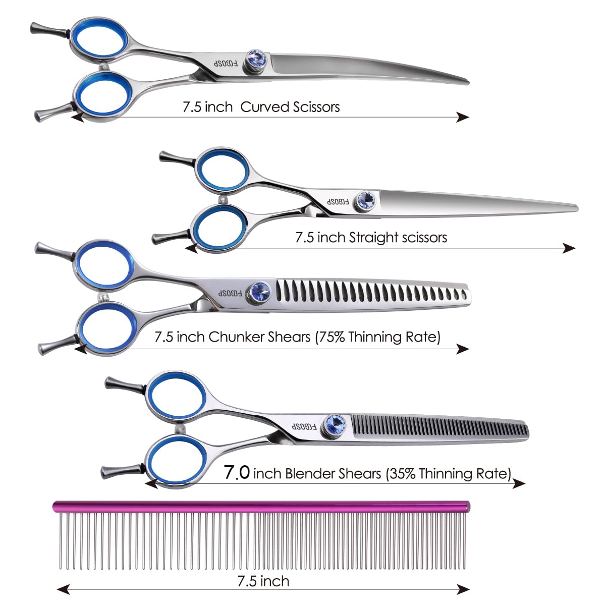Left Handed Dog Grooming Scissors Kit 7.5 In Professional Curved Thinning Straight Shears 3Pcs Set For Grooming Big Dogs Poodle