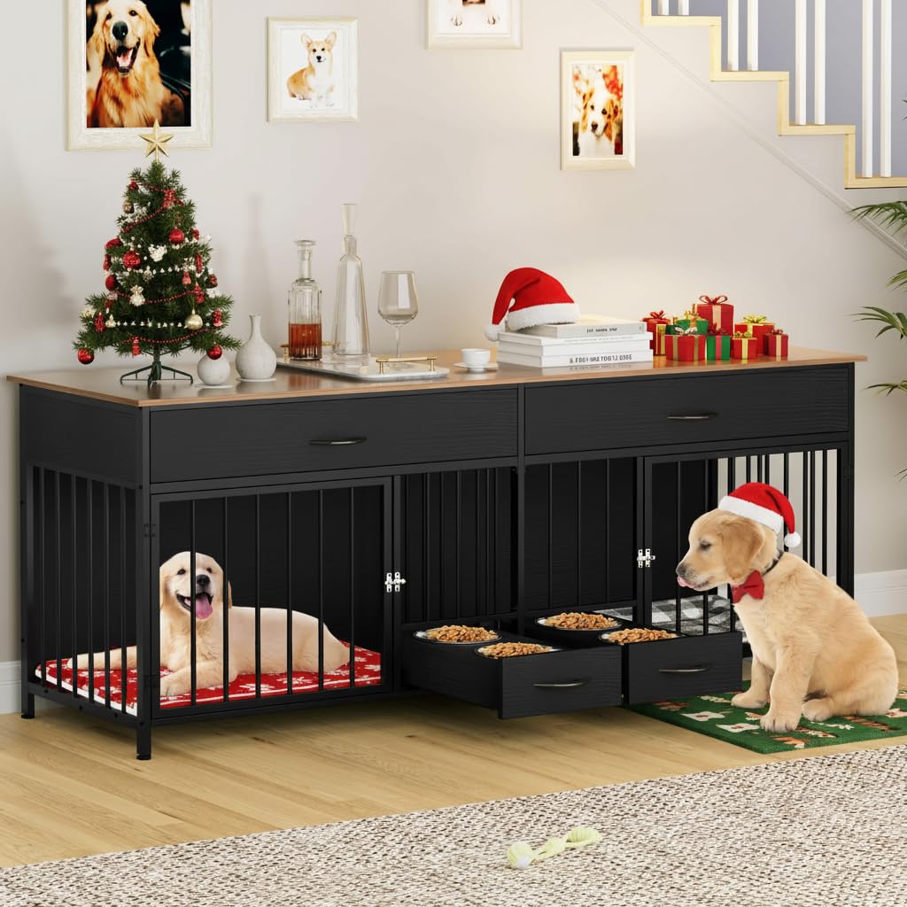 DWVO Double Dog Crate TV Stand with Dog Feeder, 74.8 Wooden Large Dog Kennel with Storage, Double Dog Crate Furniture for 2 Smal