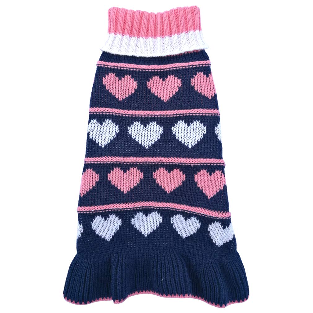 Jecikelon Pet Dog Long Sweaters Dress Knitwear Turtleneck Pullover Warm Winter Puppy Sweater Long Dresses (Navy Heart, Medium)