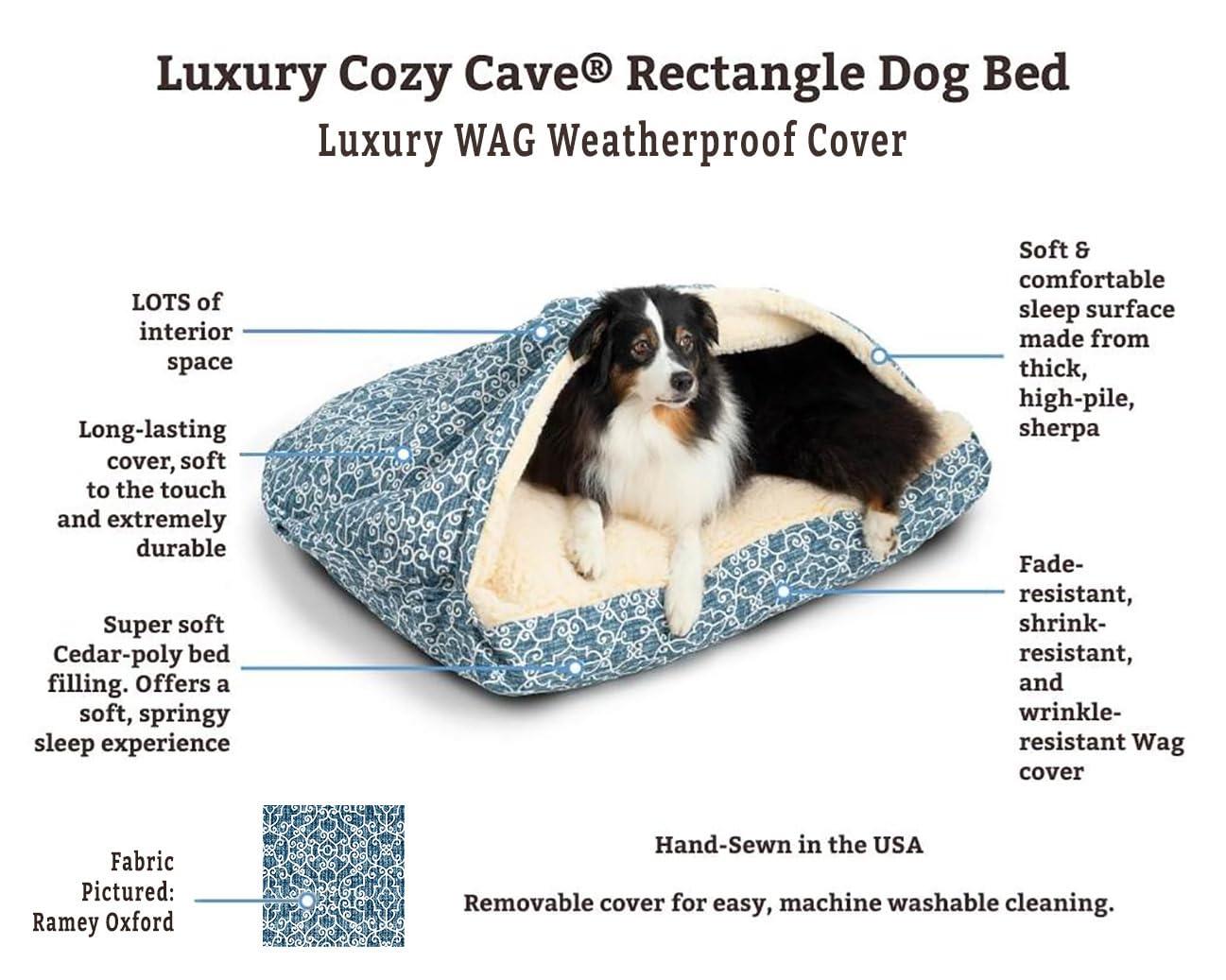 Snoozer Pet Products Luxury Rectangle Cozy Cave, Wag Collection, Medium, Pedigree Denim