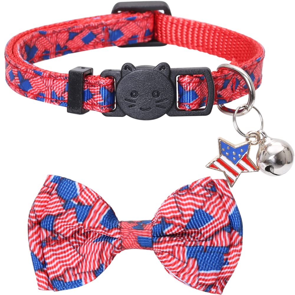 American Flag Cat Collar With Bell Bow Tie Star Breakaway Adjustable For 4Th Of July Independence Day