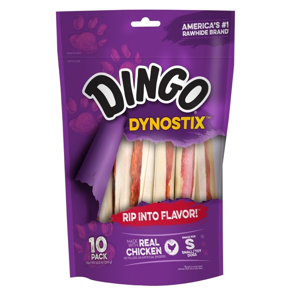 Dingo Dynostix Premium Rawhide Treats Made With Real Chicken, No Fillers Or Artificial Binders, America'S #1 Rawhide Brand 10-Count