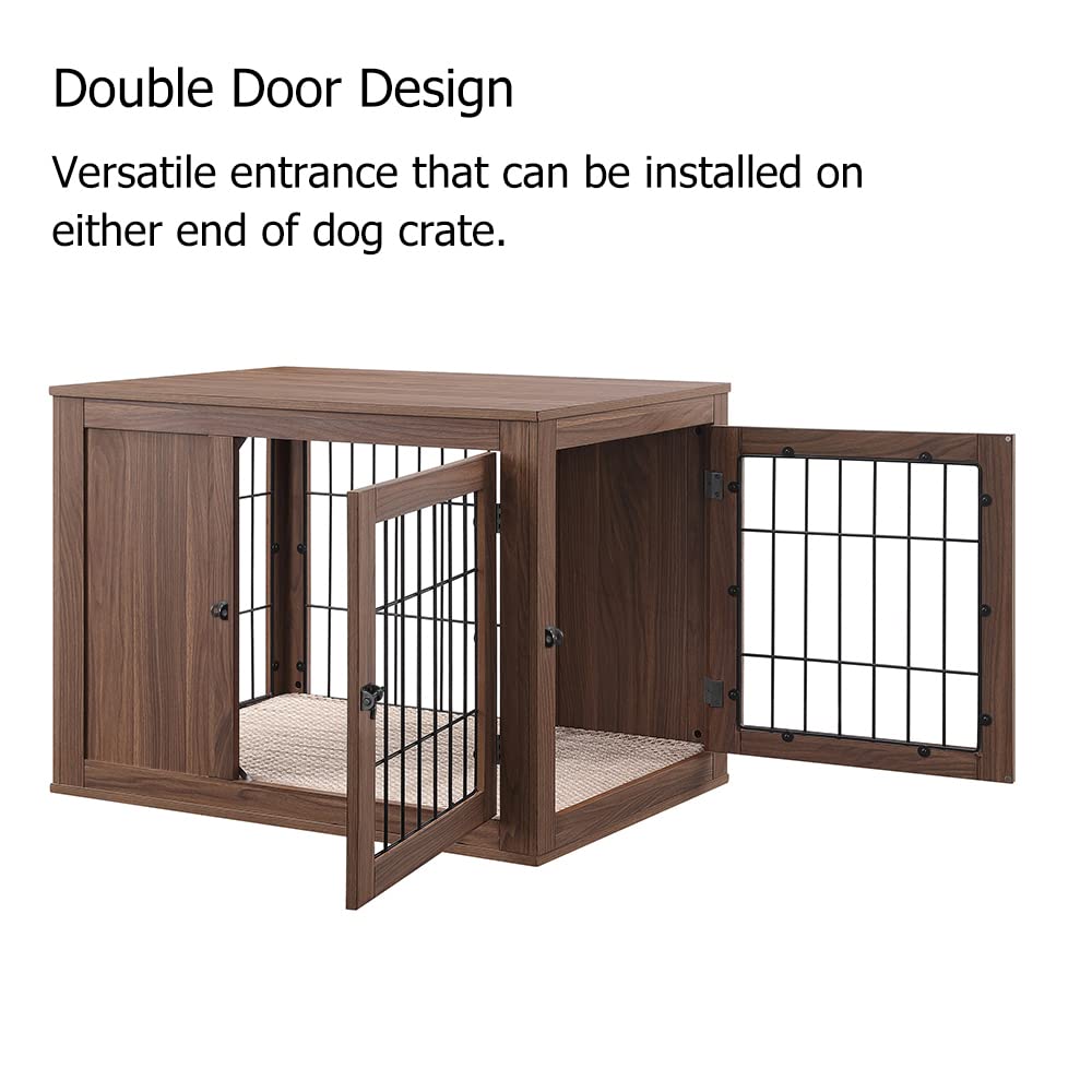 unipaws Dog Crate End Table - Wooden Wire Kennel, Medium Size 36"L x 23"W x 26.2"H, Walnut Finish, Double Doors, Indoor Use