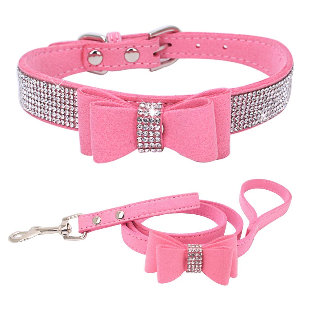 Small Dog Collar And Leash Set With Rhinestone Bow Knot Crystal Diamond Bling Girl Puppy Cat Collars Pink S