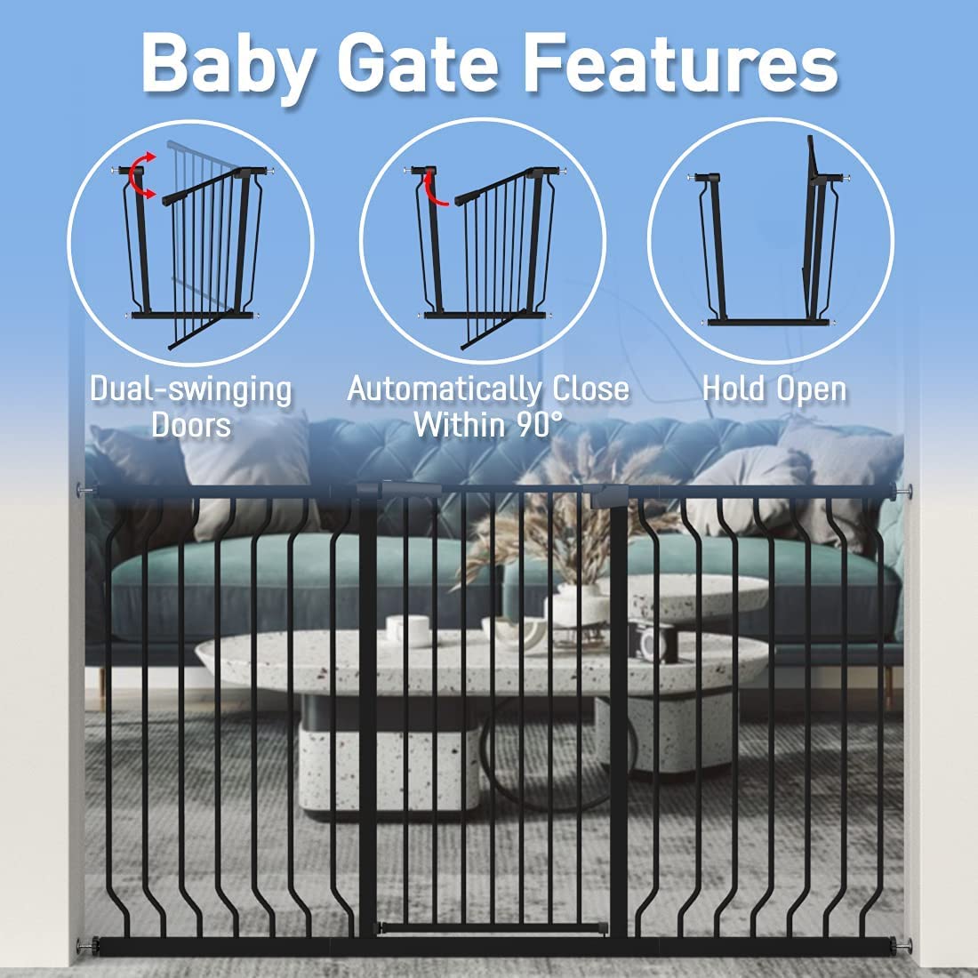 Waowao Extra Tall 40.55' Baby Gate 29.53'-32.68' Wide Pressure Mounted Walk Through Swing Auto Close Safety Black Metal Toddler Child Dog Pet For Indoor Stairs,Doorways,Kitchen