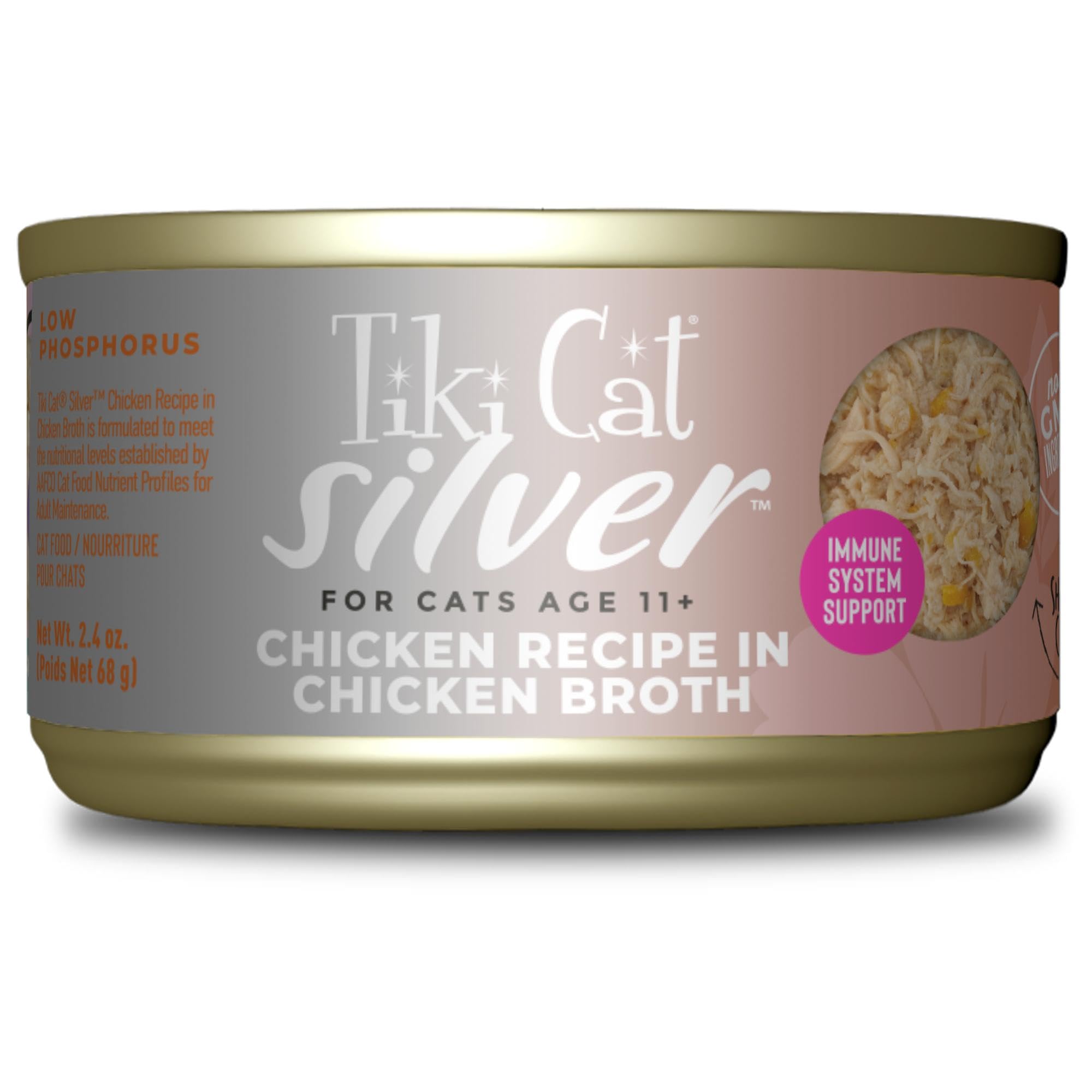 Tiki Cat Silver Comfort Shreds, Chicken Recipe in Chicken Broth, Immune System Support Formulated for Older Cats Aged 11+, Senio
