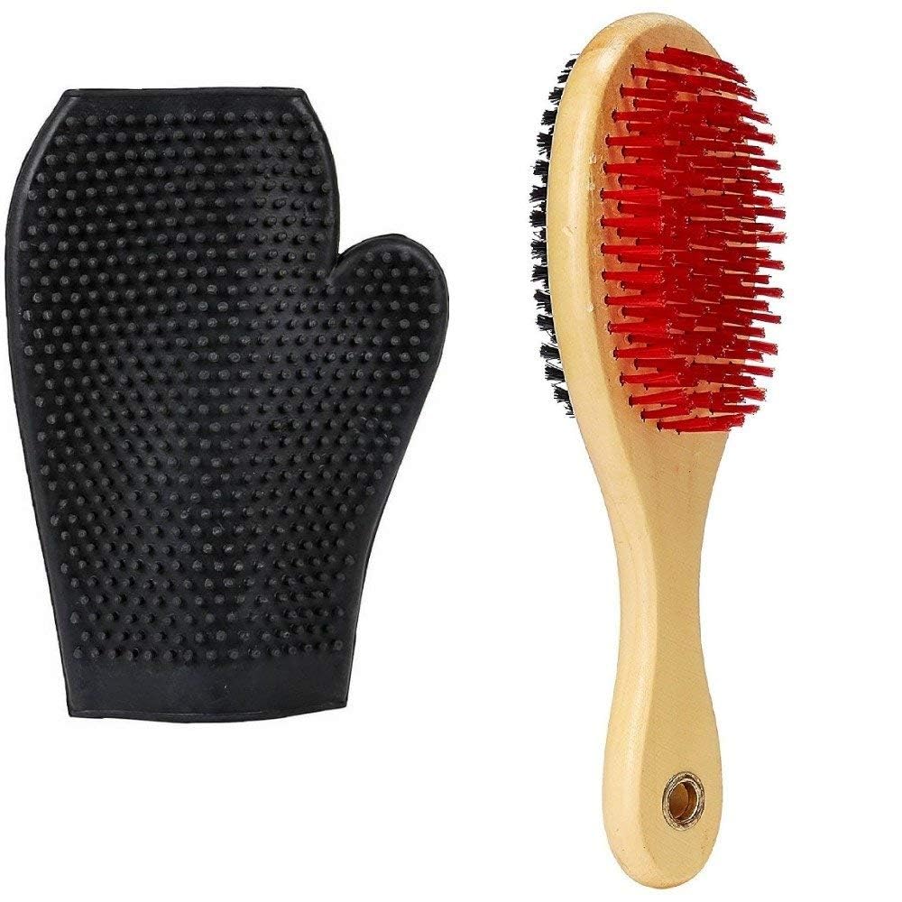 Chumspet DoubleSided Wooden Bristle Dog Grooming Brush  Pet Bath And Cleaning Brush With Free Grooming Gloves (Large Size)