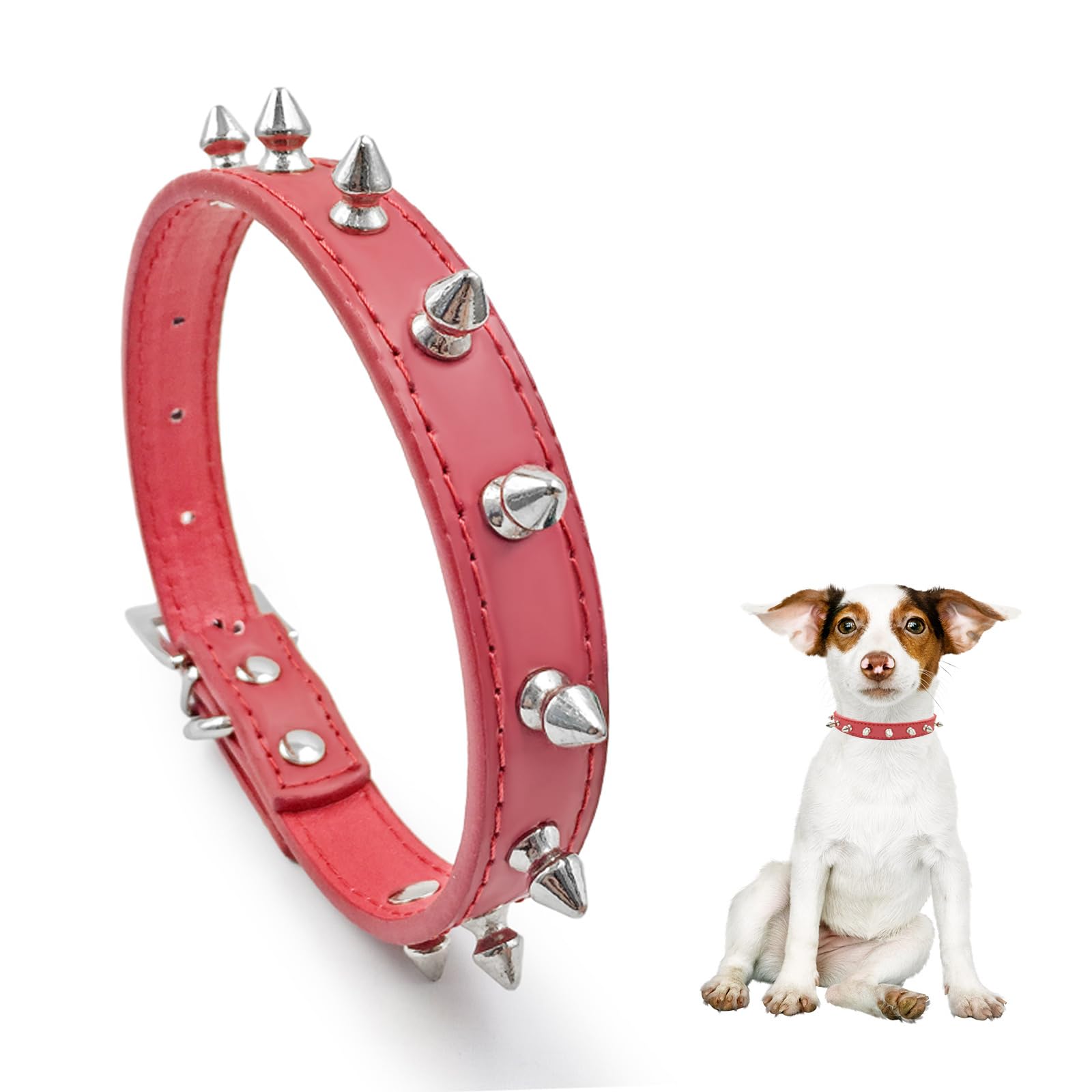 Enjoying Spiked Cat Collar, Leather Spikes Dog Collars For Cats Small Dogs, Adjustable Pet Collar With Rings, Red S