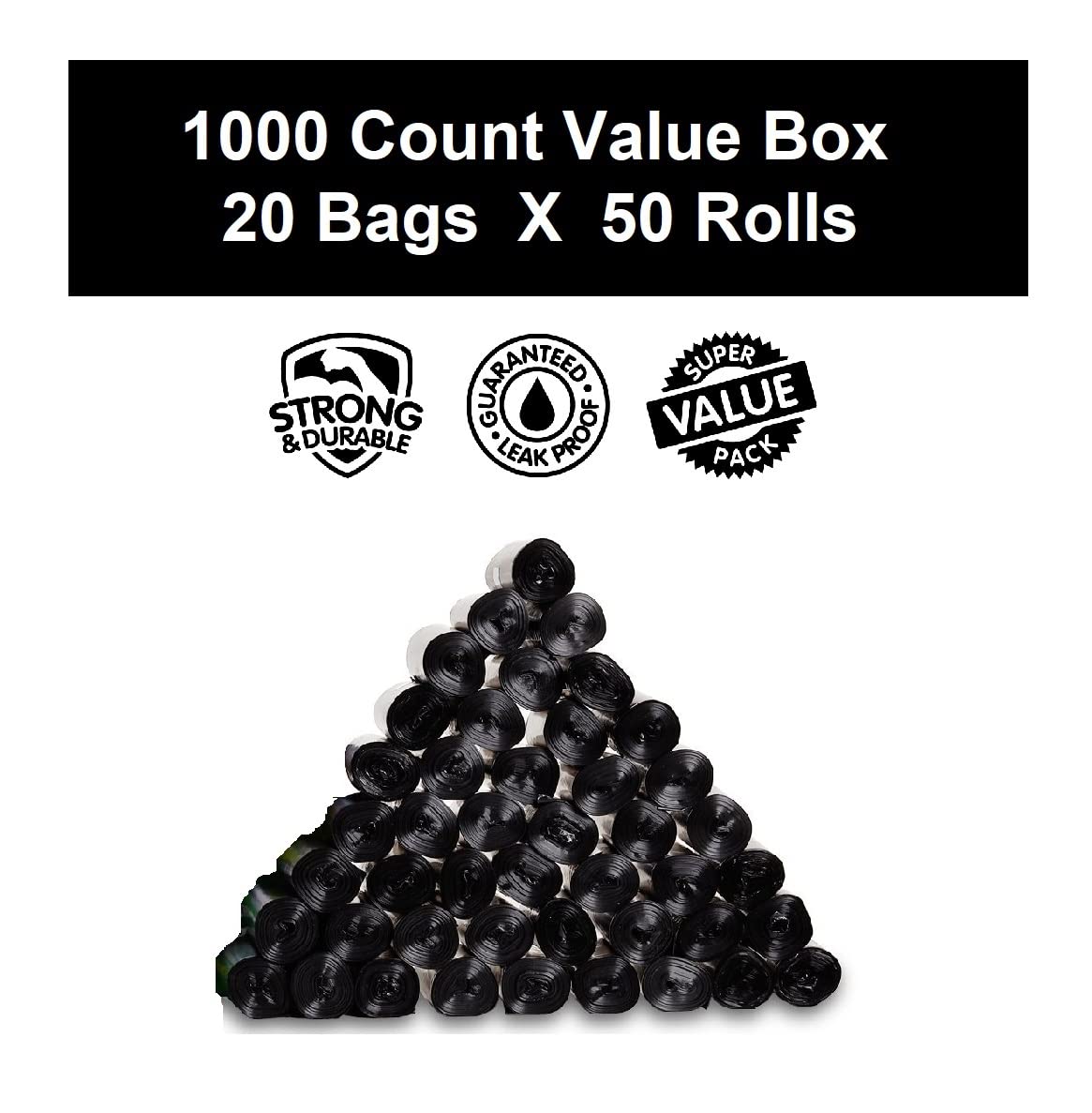Ez 1000 Pet Waste Bags Disposal, With Dispenser, Dog Poop Pick Up Bag, Black Color, Large Size 9'X12'