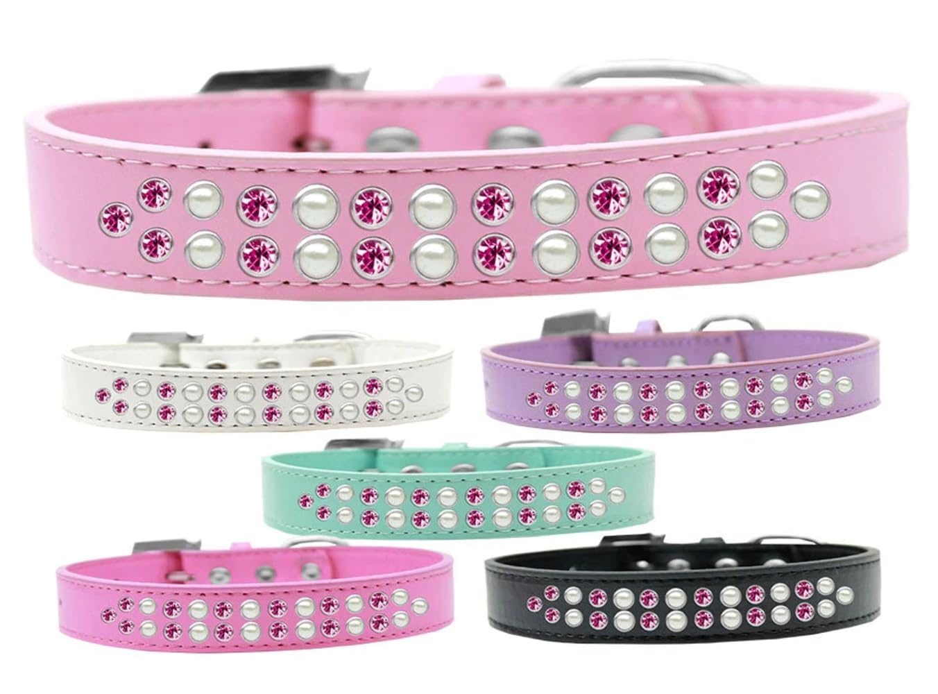 Dog, Puppy & Pet Fashion Collar, Two Row Pearl and Pink Crystal Rimsets Aqua 18