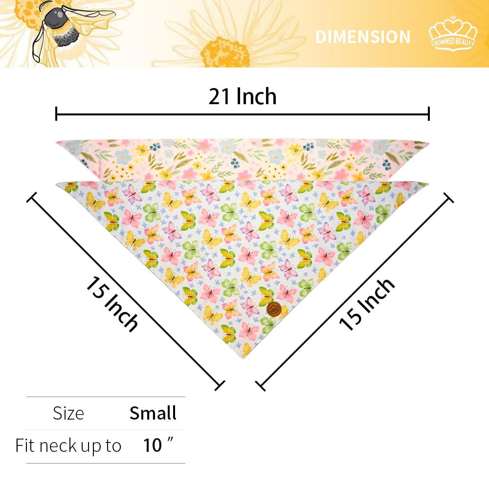 Crowned Beauty Spring Dog Bandanas Reversible Small 2 Pack, Butterfly Blooms Set, Floral Plaid Adjustable Triangle Holiday Scarv