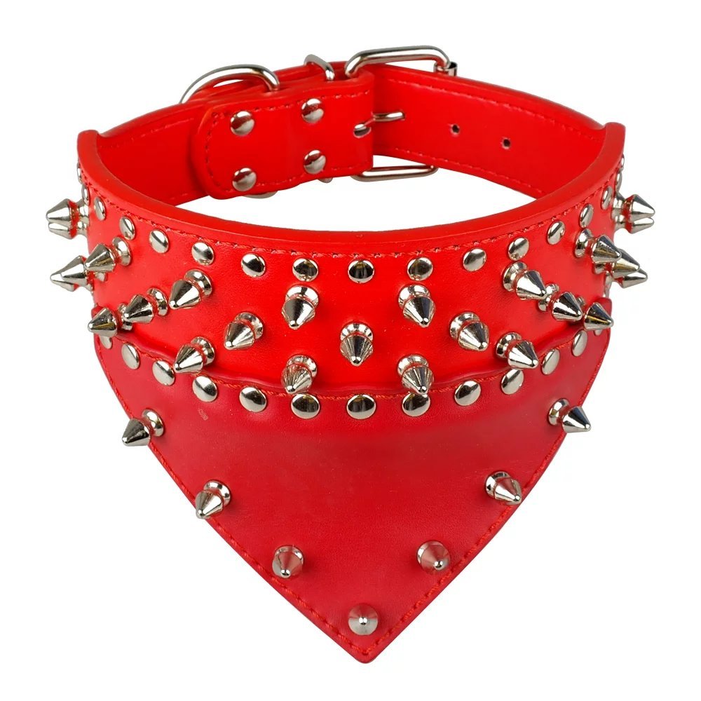 Didog 2'' Width Bandana Style Scarf Leather Dog Collar, Spiked Studded Fit Dalmatian Pit Bull Terrier,Red M Size