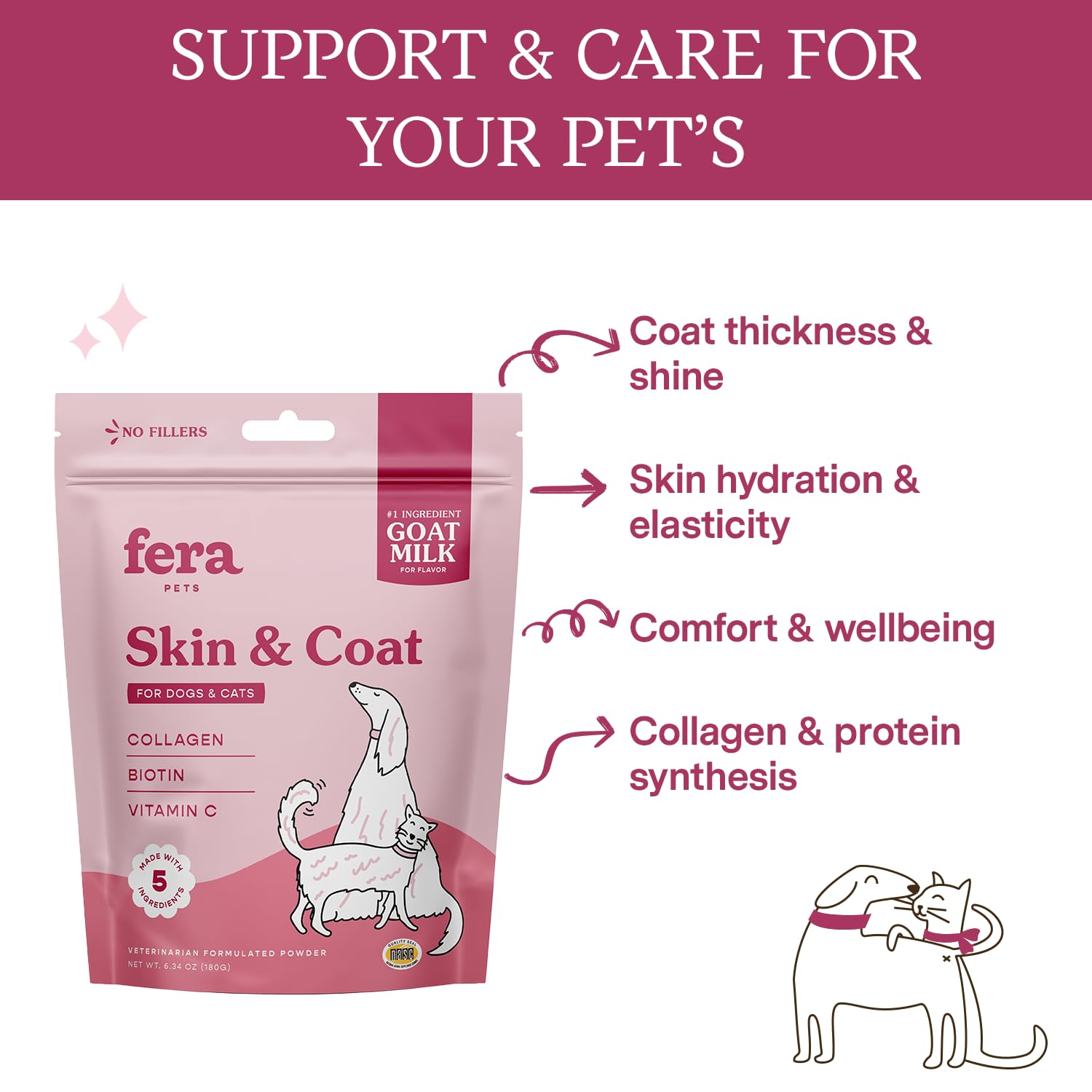 Fera Pet Organics Skin & Coat Goat Milk Cat & Dog - Vet Created - Pet Coat Thickness & Skin Hydration - Collagen, Biotin & Vitam