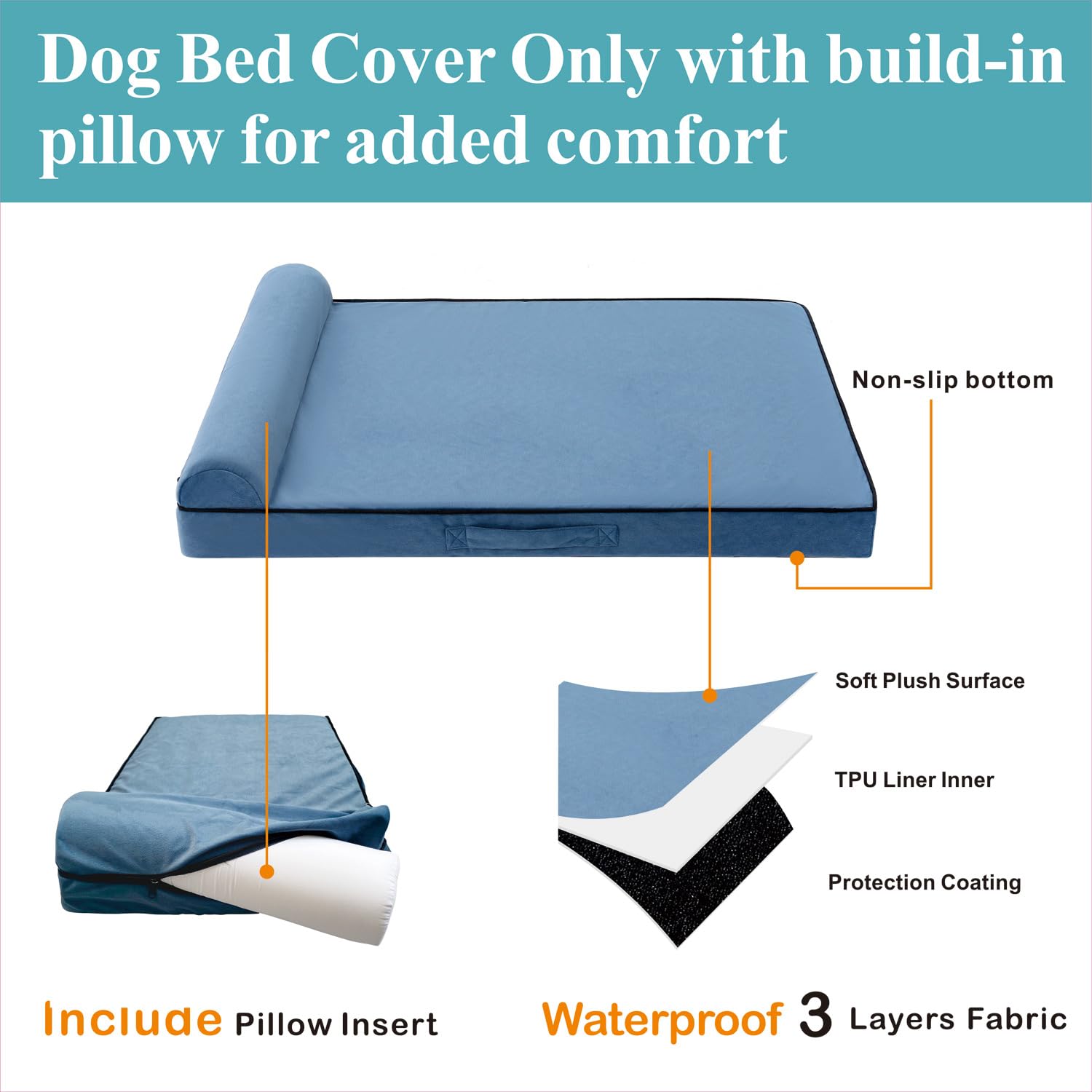 Dog Bed Replacement Cover With Built-In Orthopedic Pillow, Waterproof With Zipper, 44X32X4 Inches, Cover Only With Pillow Insert