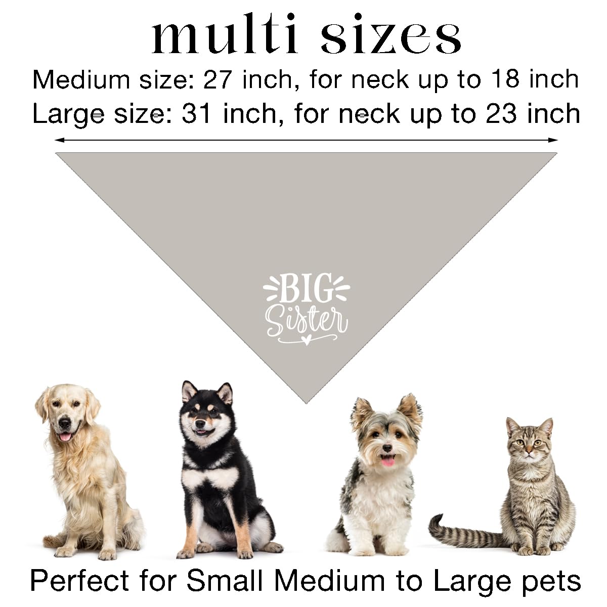Big Sister Dog Bandana - Light Gray Pet Scarf Accessories, Triangle Bandana For Large Dogs, Baby Announcement (L)