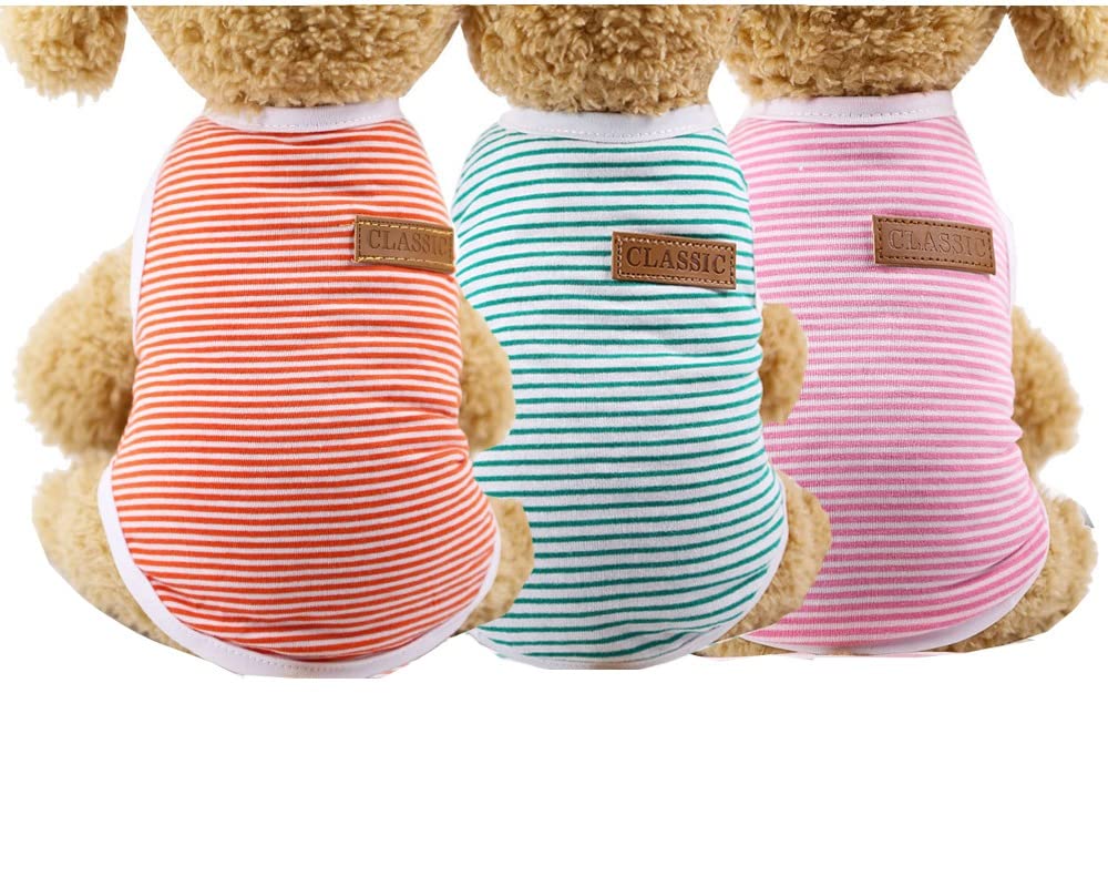 Kutkut Set Of 3 Dog Striped T-Shirt Puppy Clothes For Small Dogs, Stretchy Summer Cotton Cat Vest Doggy Tee Tank Top For Shihtzu