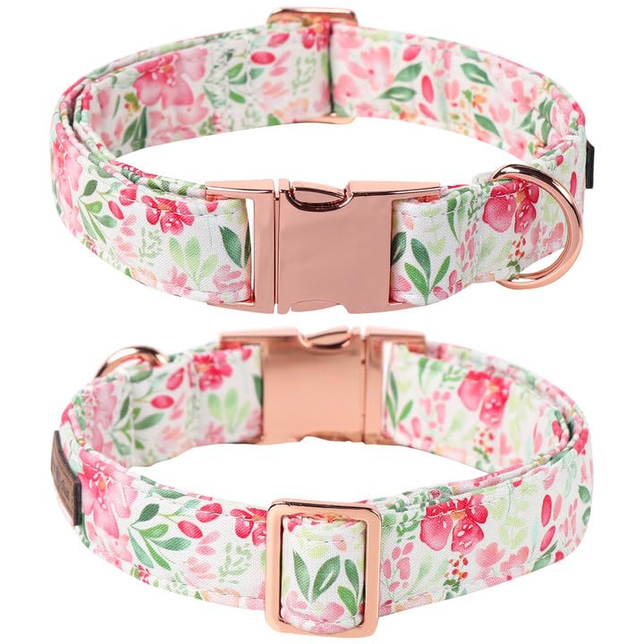 Lionet Paws Dog Collar, Comfortable Adjustable Cute Collar With Metal Buckle For Male Female Dogs, Pink Flower, Large, Neck 16-2