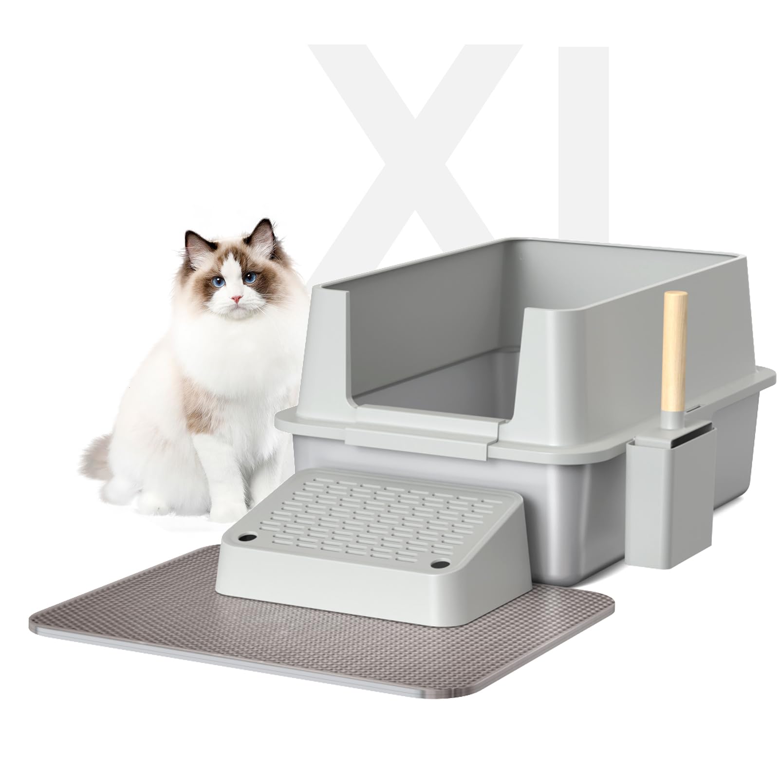 Suitchi Stainless Steel Cat Litter Box,Xl High Sided Cat Litter Box With Poop Scooper/Footboard/Mat (Light Gray)