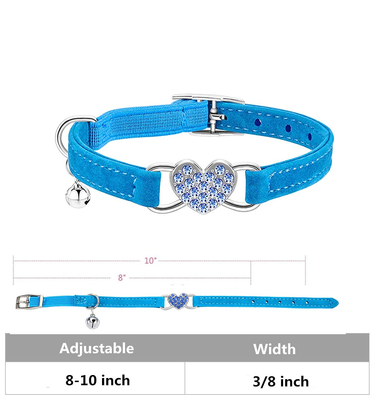 Wdpaws Heart Bling Cat Collar With Safety Belt And Bell Adjustable 8-10 Inches For Kitten Cats (Blue)