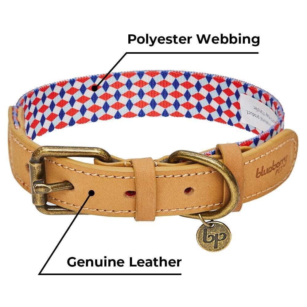 Blueberry Pet Multicolor Geometric Squares Genuine Full Grain Leather & Polyester Combo Adjustable Dog Collar, Medium, Neck 15''