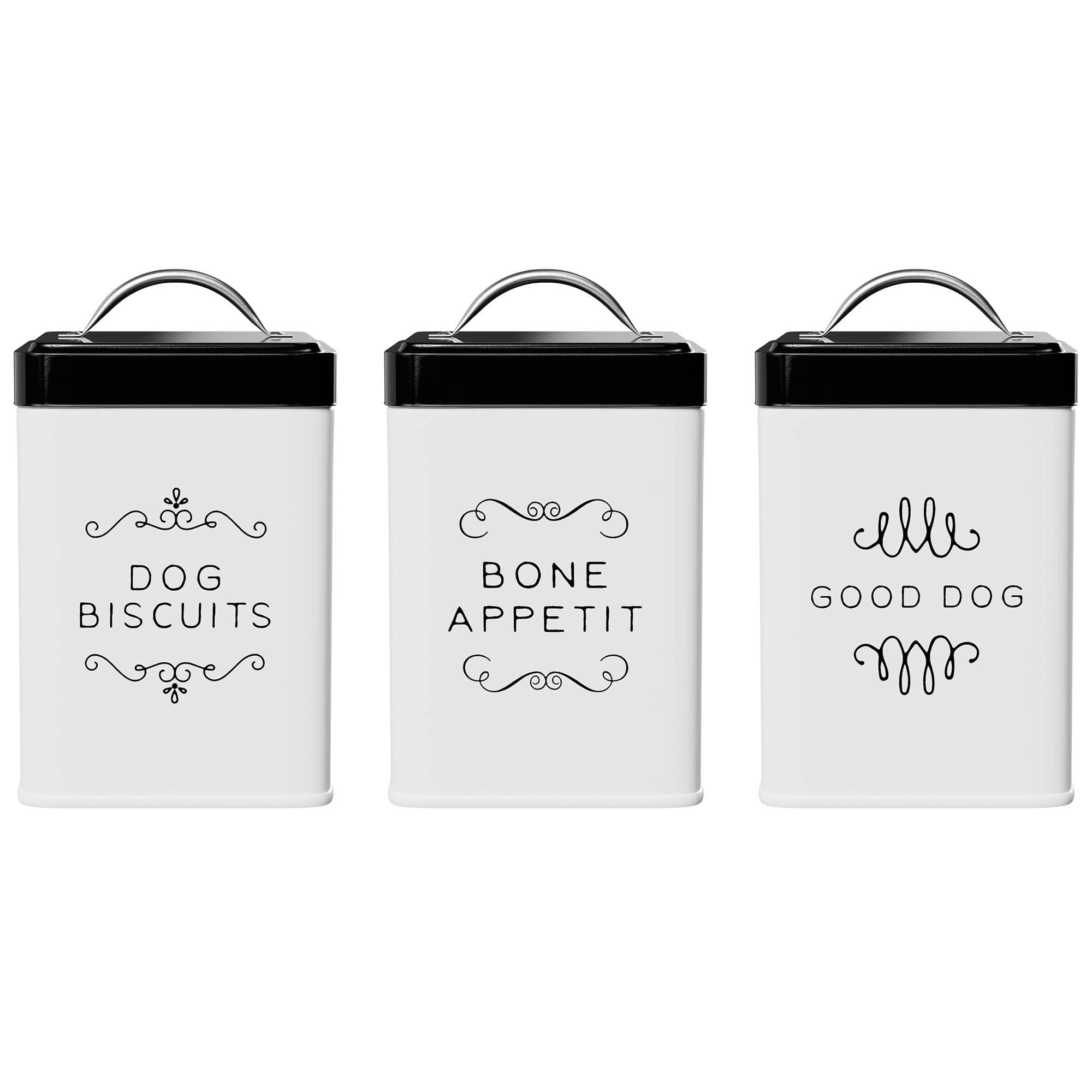 Amici Home Pet Treat Storage Collection, Metal Storage White Canister, 36 Fluid Ounce Capacity, Black Push Top Lid - Set of 3