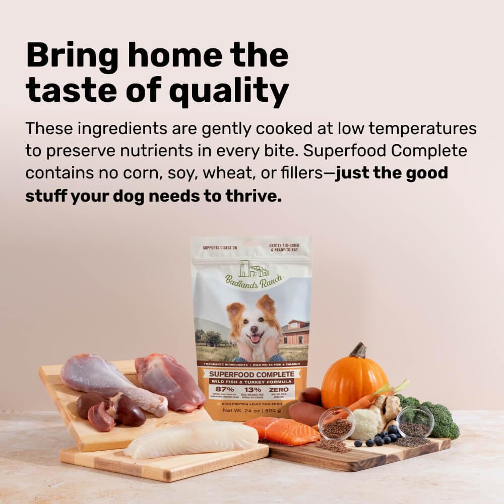 BADLANDS RANCH Superfood Air-Dried Wild Fish & Turkey Dog Food – High Protein for Daily Wellness – 24 oz